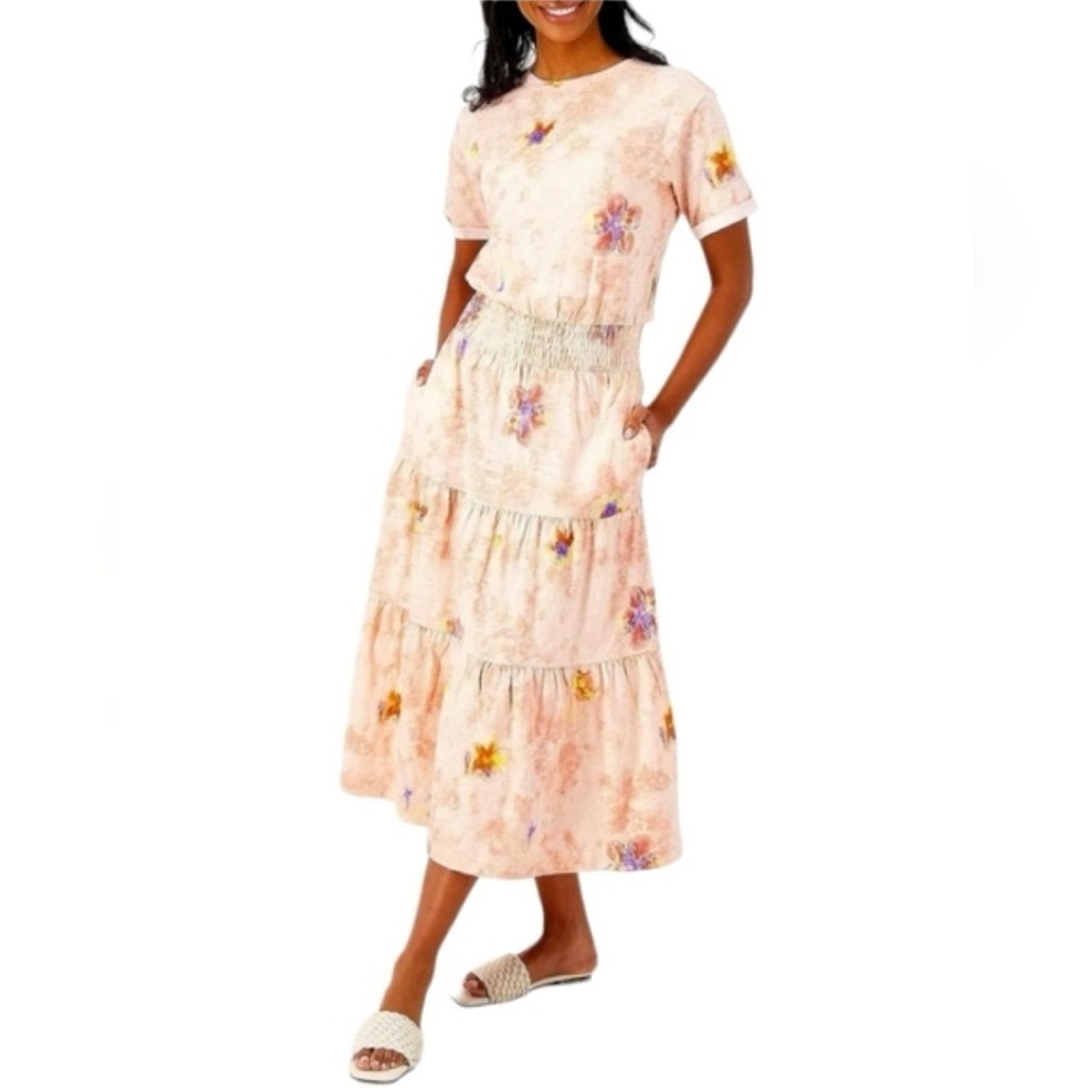 Peace Love World Peach w Lav/Yellow/Orng Floral Tier Midi Dress size large